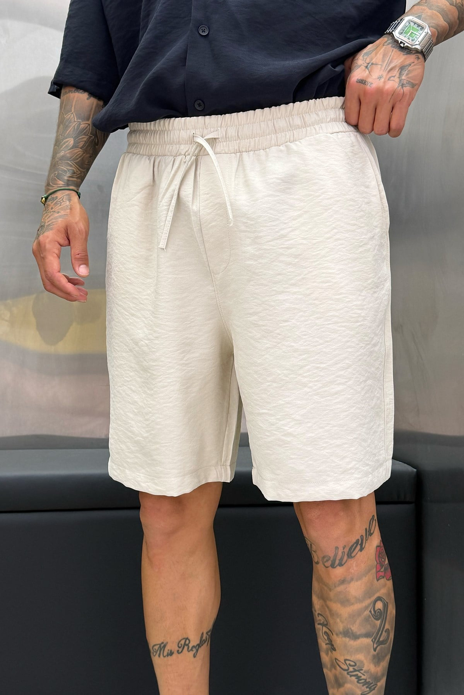 Krem MODAL KUMAŞ OVERSIZE ŞORT