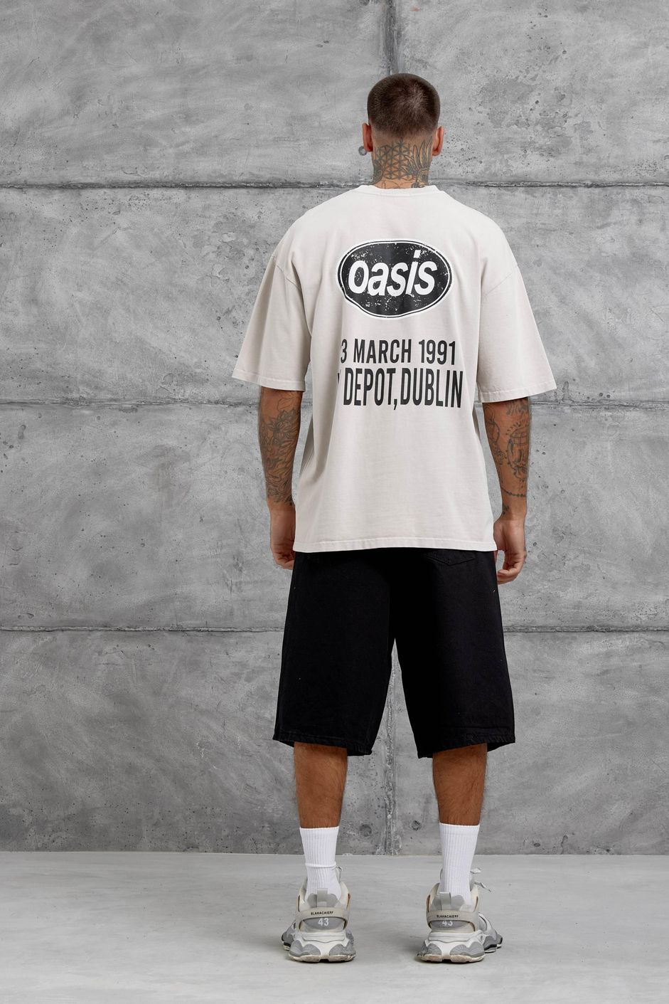 Krem Oasis Yazılı Yıkamalı Oversize Tshirt