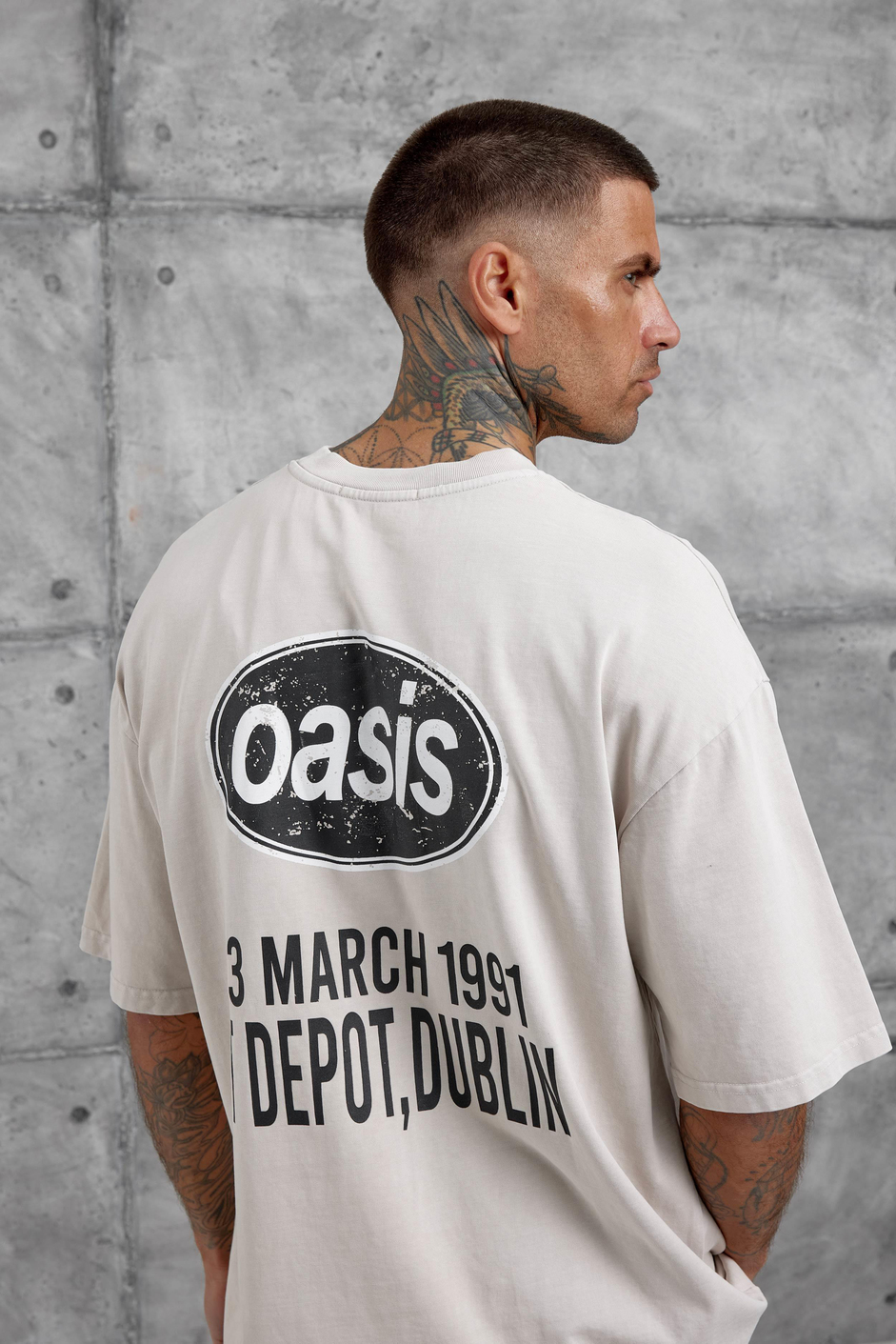 Krem Oasis Yazılı Yıkamalı Oversize Tshirt