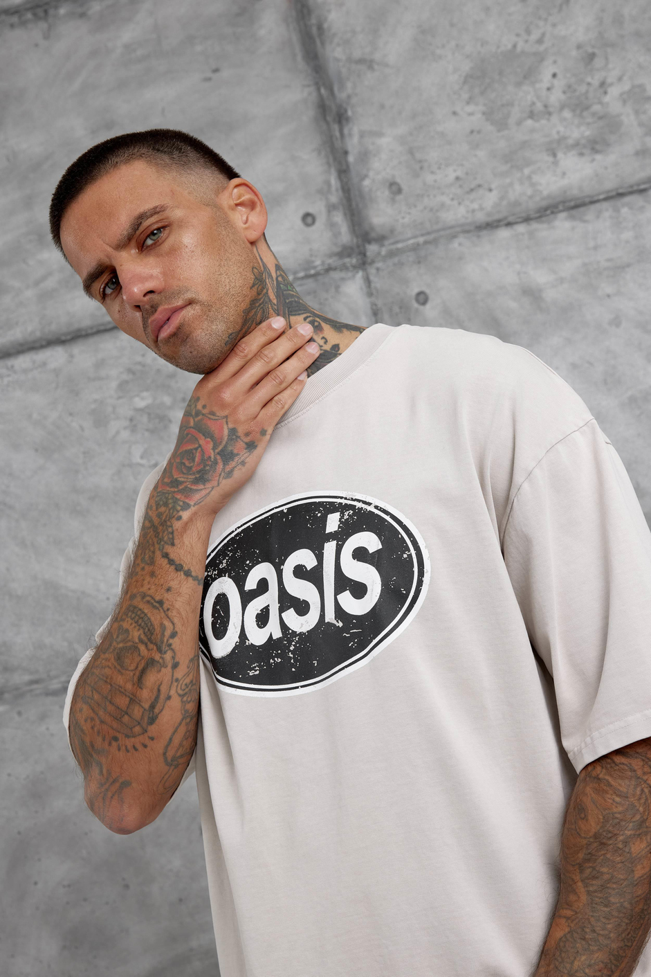 Krem Oasis Yazılı Yıkamalı Oversize Tshirt