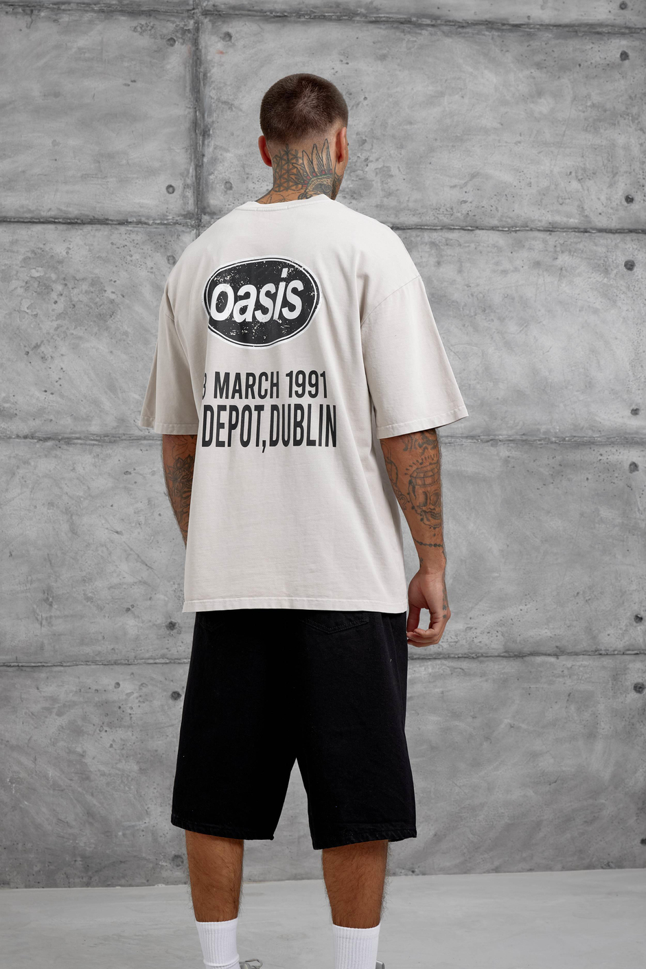 Krem Oasis Yazılı Yıkamalı Oversize Tshirt