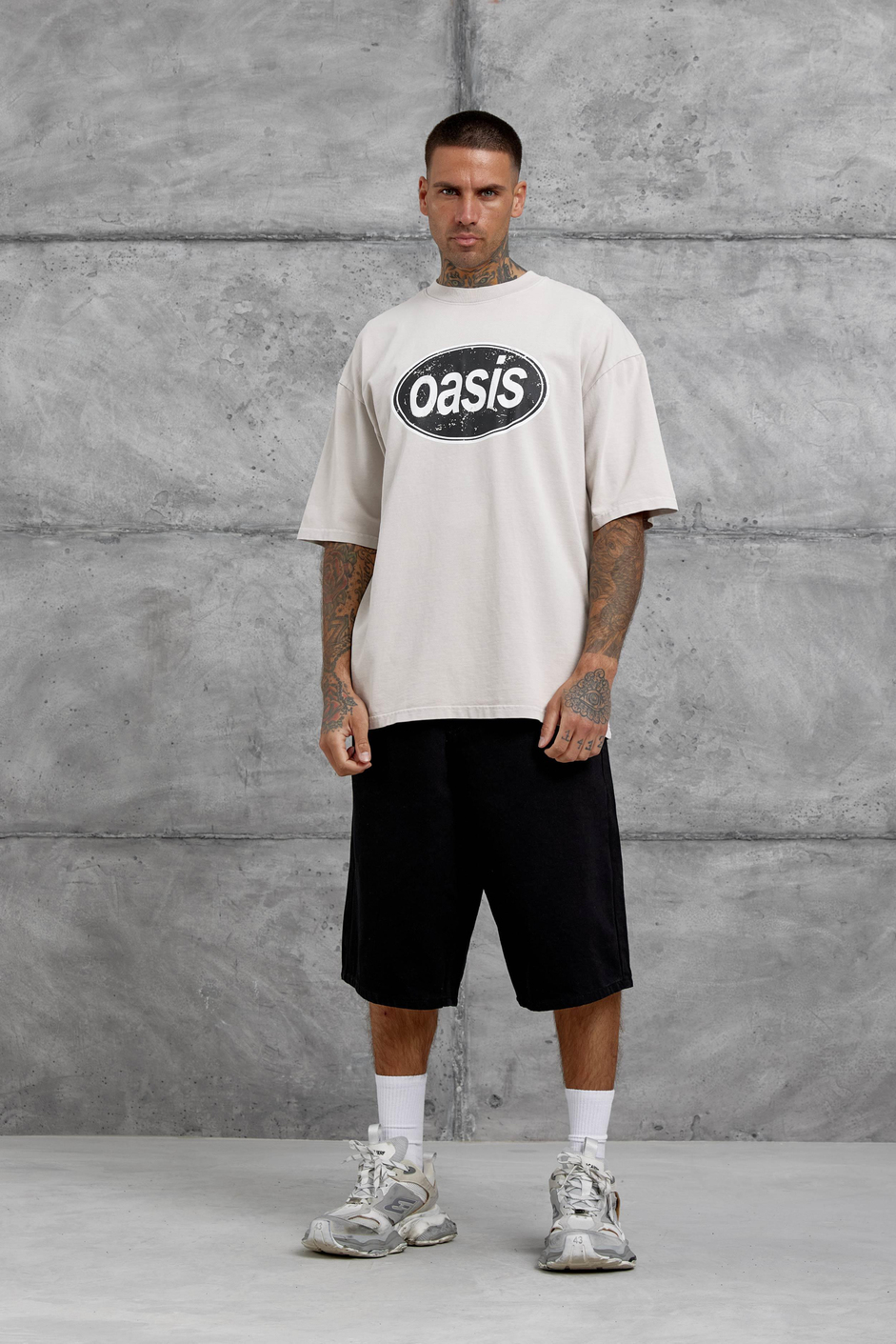 Krem Oasis Yazılı Yıkamalı Oversize Tshirt