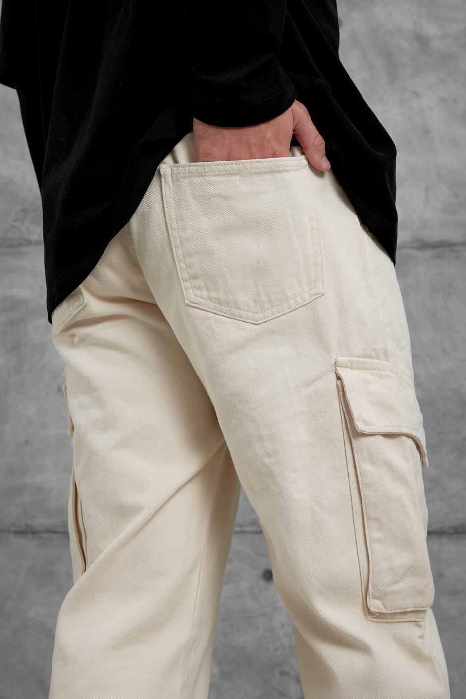 Krem W11 Gabardin Kumaş Baggy Kalıp Kargo Cepli Jean Panloton