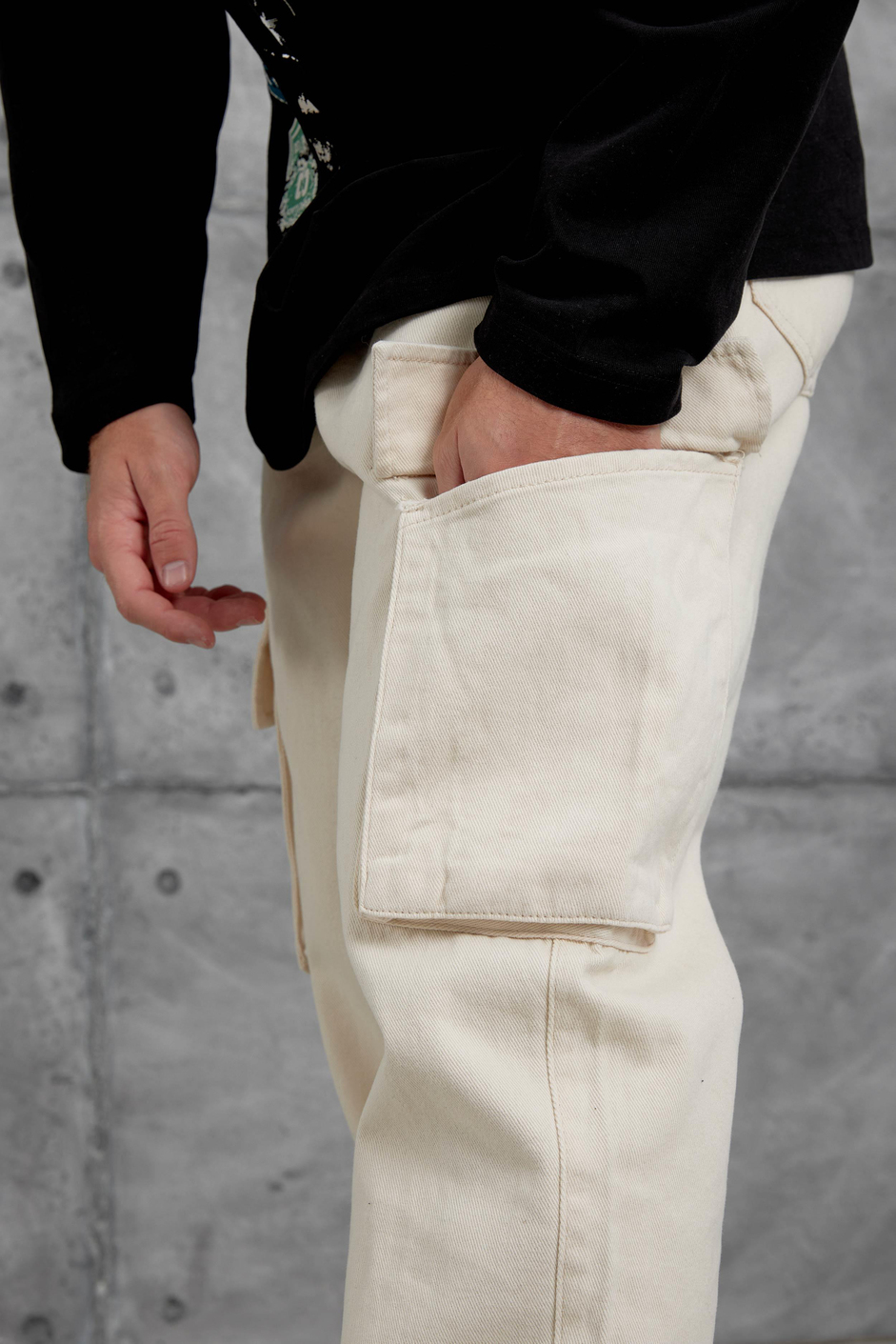 Krem W11 Gabardin Kumaş Baggy Kalıp Kargo Cepli Jean Panloton