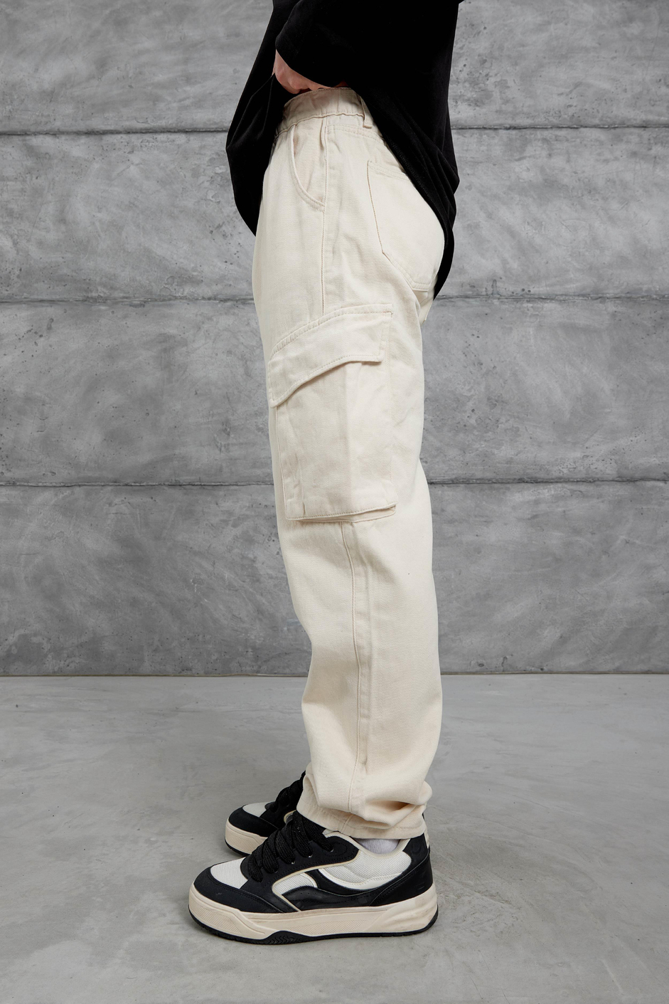 Krem W11 Gabardin Kumaş Baggy Kalıp Kargo Cepli Jean Panloton