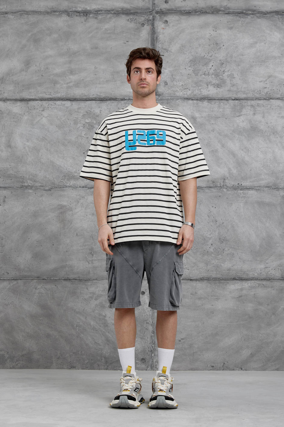 Krem Y269 Baskılı ve Çizgili Oversize Tshirt
