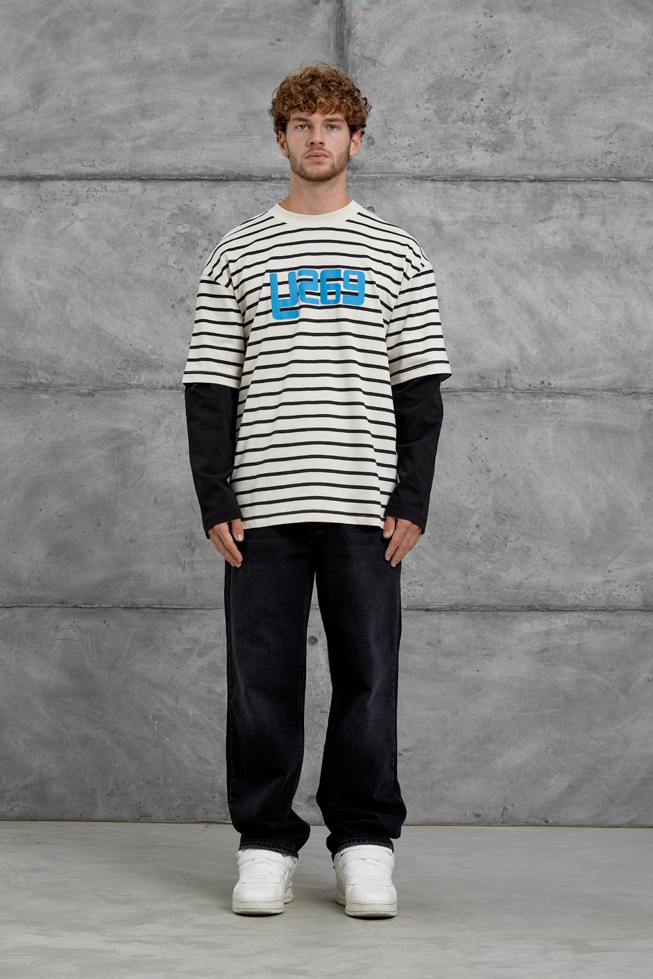 Krem Y269 Parça Kollu Çizgili Oversize Swaetshirt