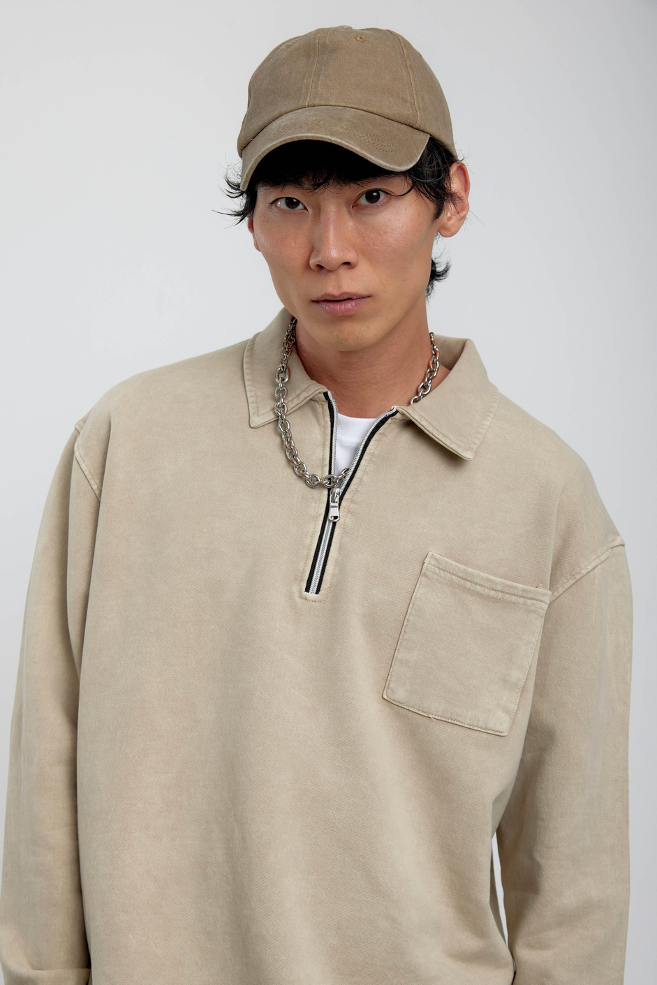 Krem Yakası Fermuarlı Basic Şardonlu Sweatshirt