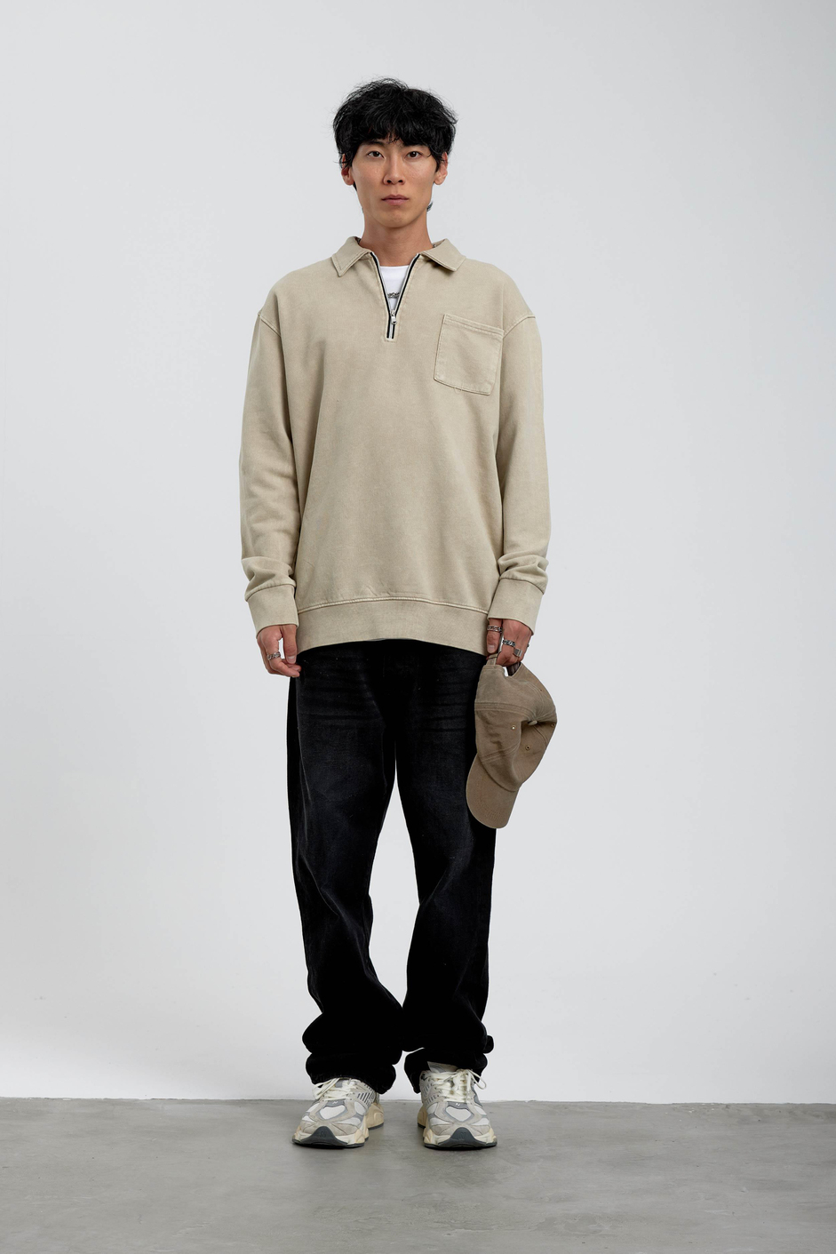 Krem Yakası Fermuarlı Basic Şardonlu Sweatshirt