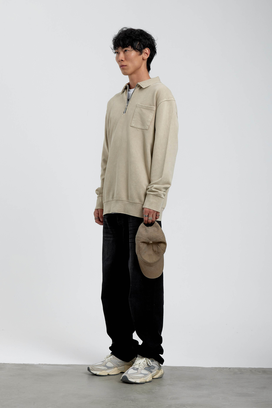 Krem Yakası Fermuarlı Basic Şardonlu Sweatshirt