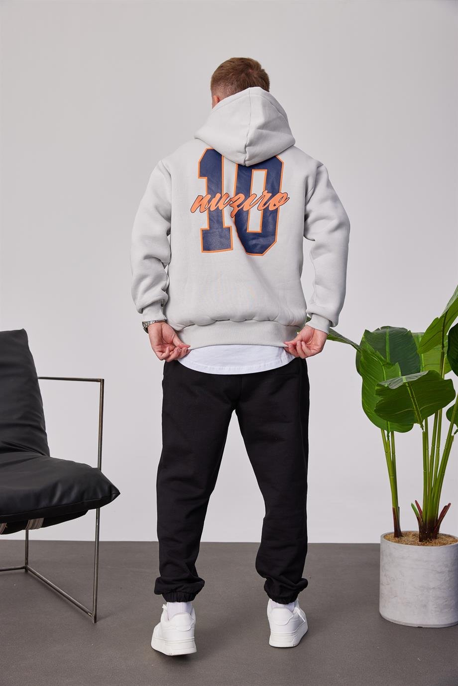 L Harf Baskılı Gri Kapüşonlu Sweatshirt