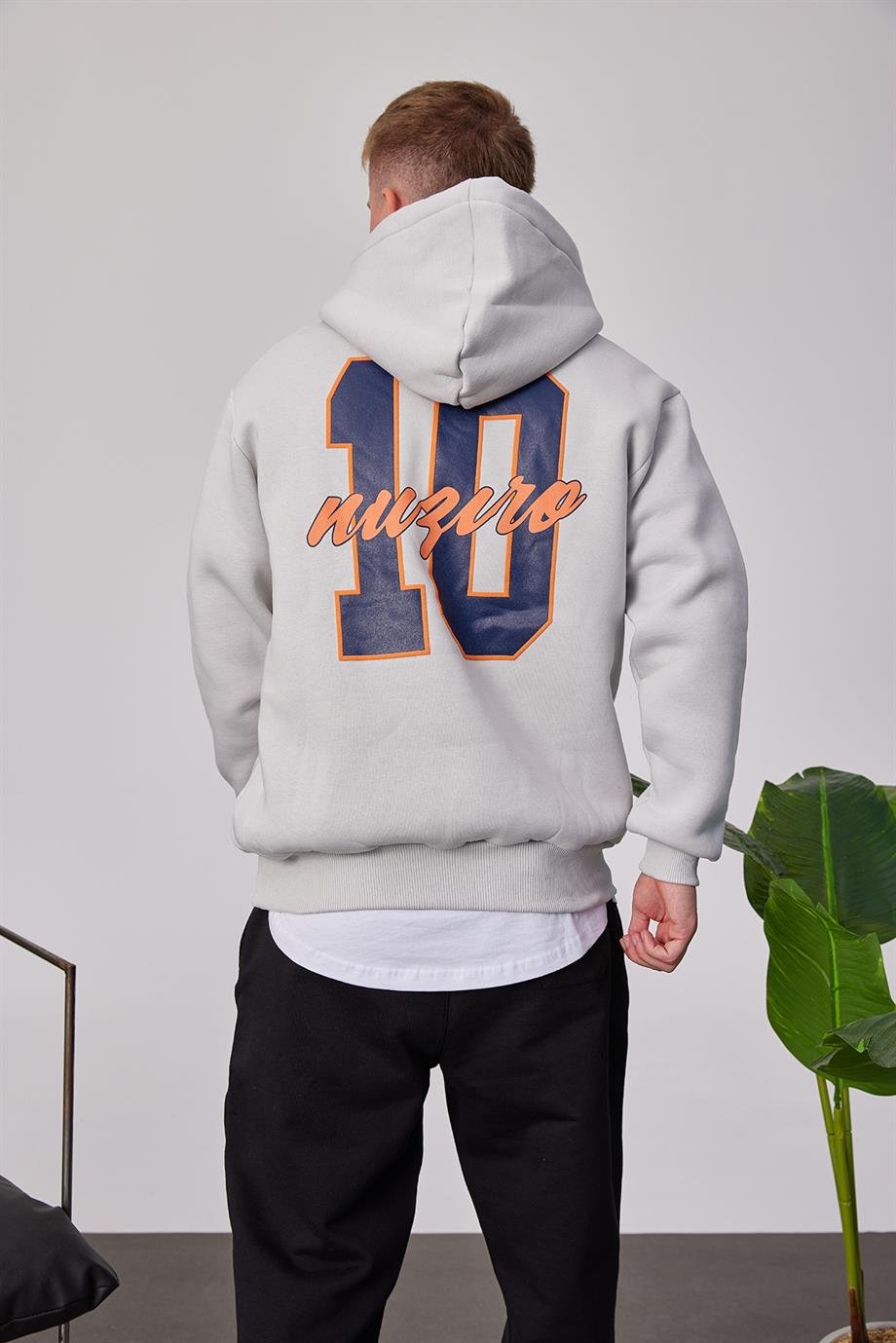 L Harf Baskılı Gri Kapüşonlu Sweatshirt