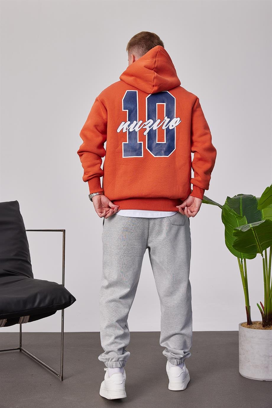 L Harf Baskılı Kiremit Kapüşonlu Sweatshirt