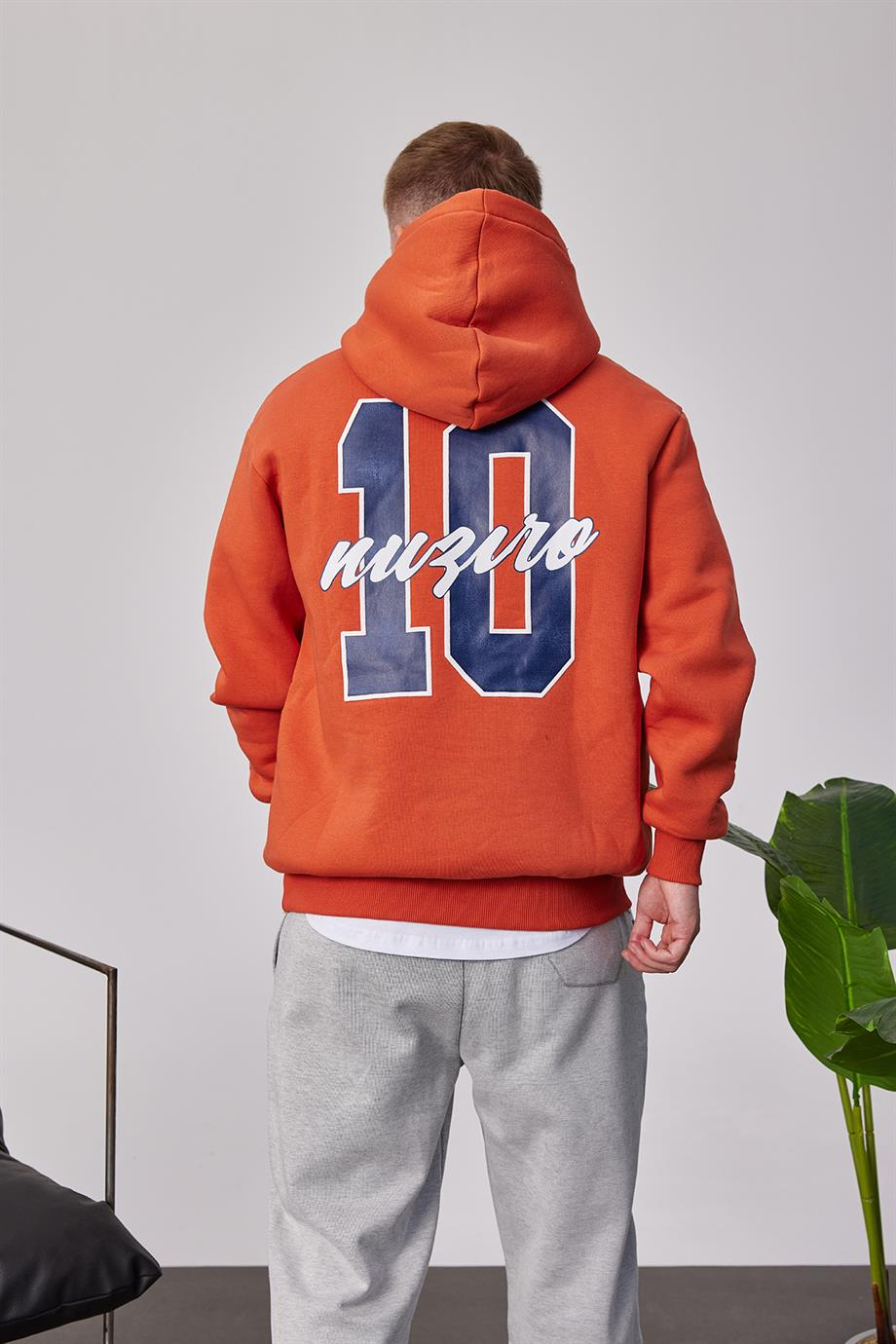 L Harf Baskılı Kiremit Kapüşonlu Sweatshirt