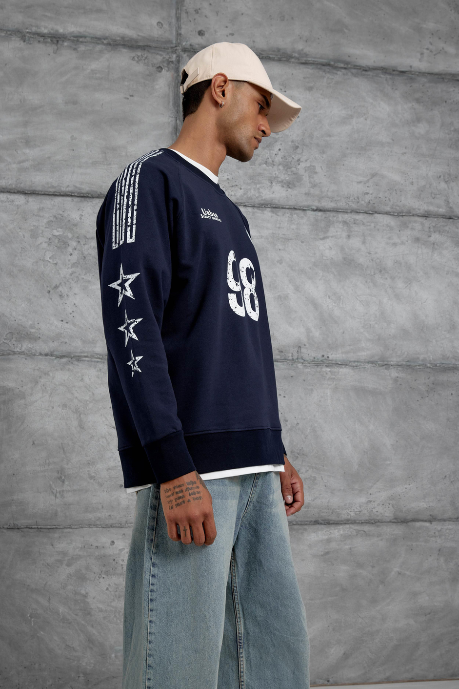 Lacivert 98 Baskılı Çizgili Tasarım Oversize Sweatshirt