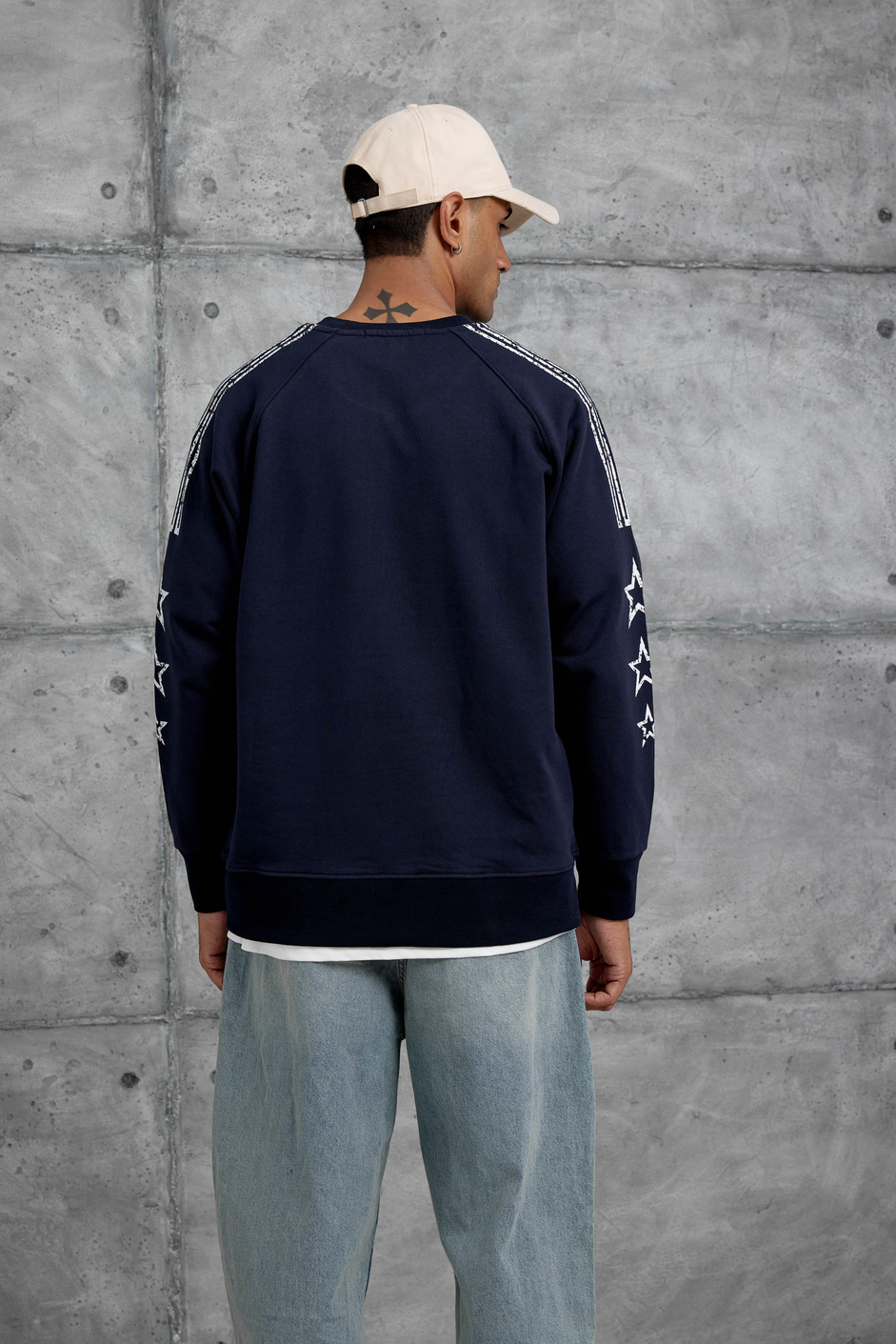 Lacivert 98 Baskılı Çizgili Tasarım Oversize Sweatshirt