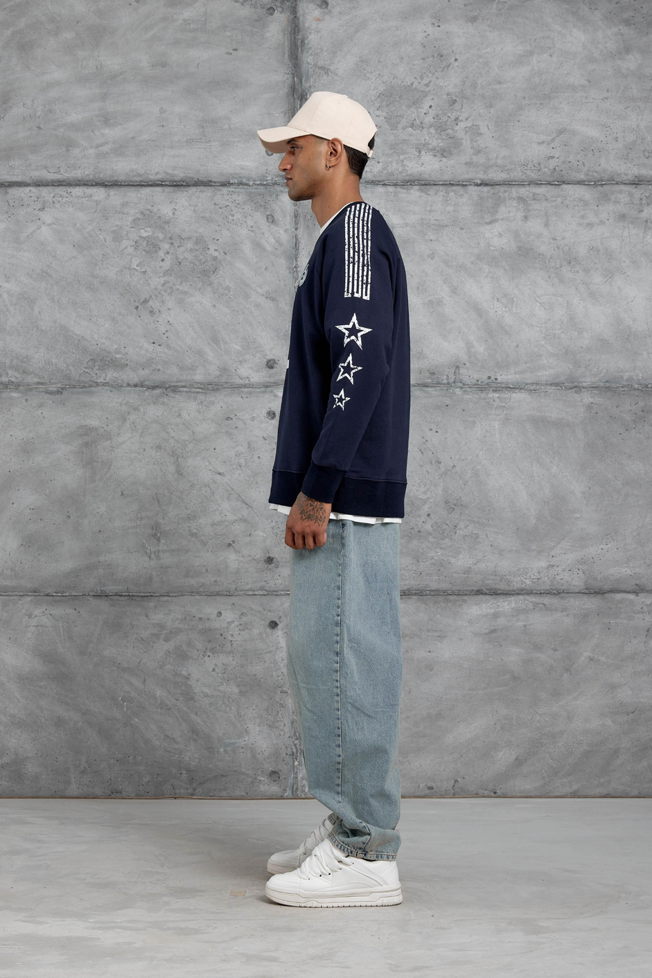 Lacivert 98 Baskılı Çizgili Tasarım Oversize Sweatshirt