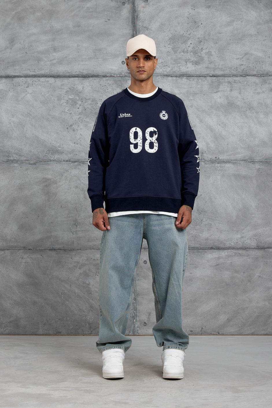 Lacivert 98 Baskılı Çizgili Tasarım Oversize Sweatshirt