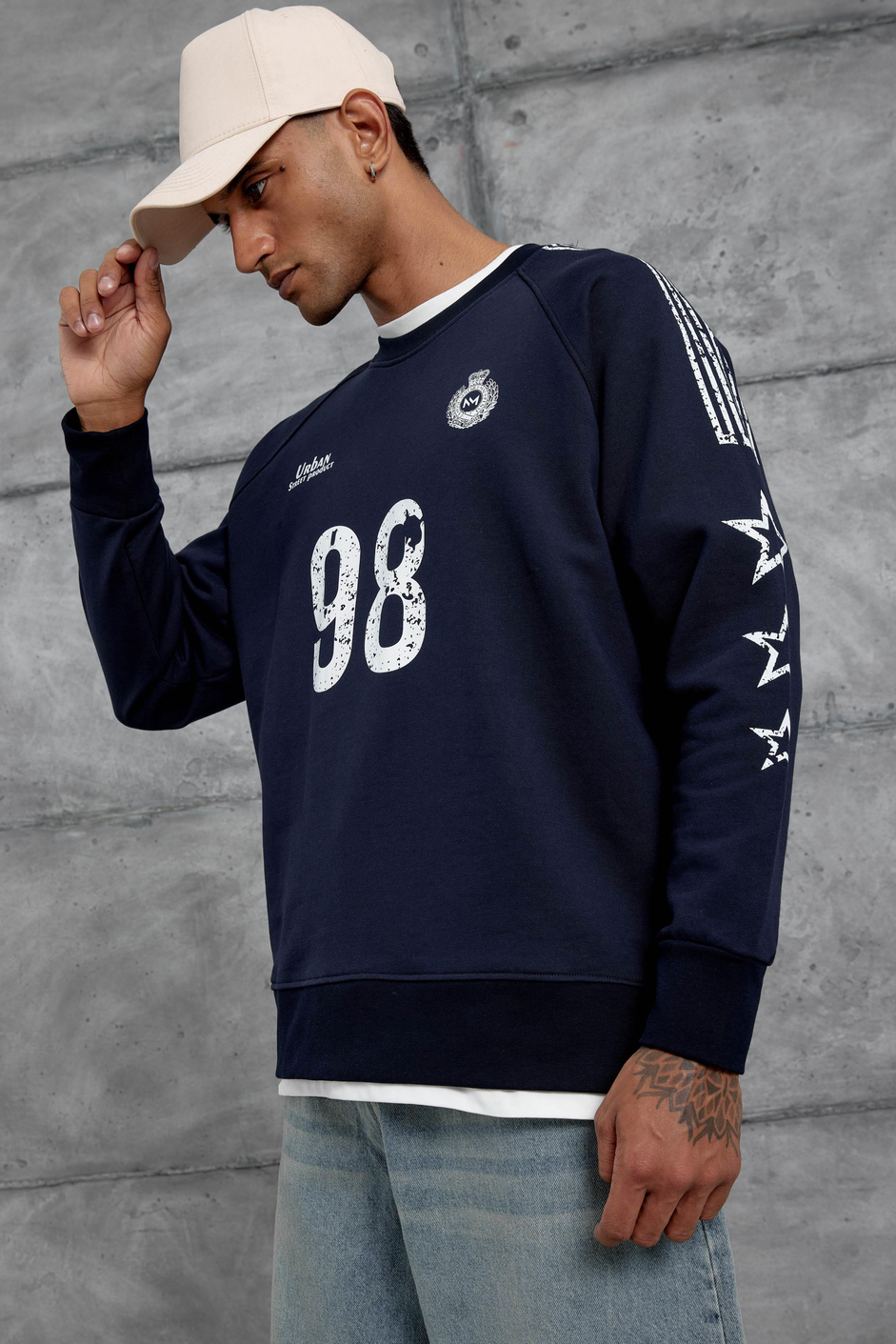 Lacivert 98 Baskılı Çizgili Tasarım Oversize Sweatshirt