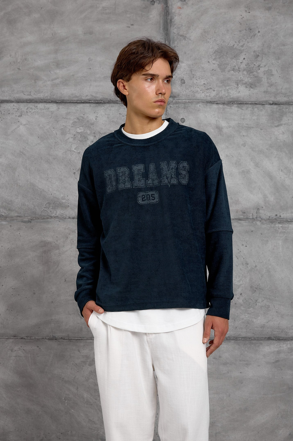Lacivert DREAMS BASKI DOKUMA KUMAŞ OVERSIZE SWEATSHIRT