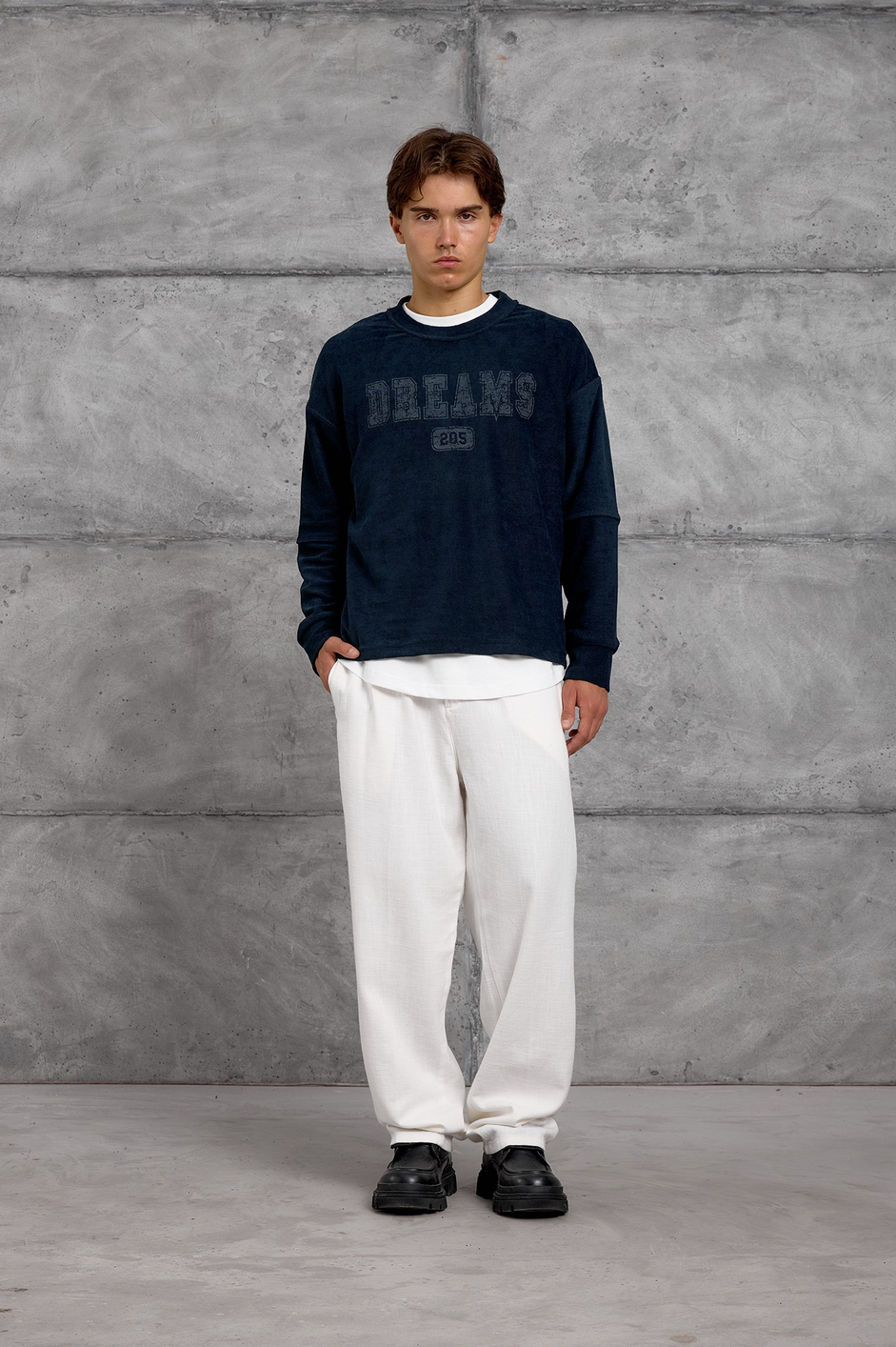 Lacivert DREAMS BASKI DOKUMA KUMAŞ OVERSIZE SWEATSHIRT