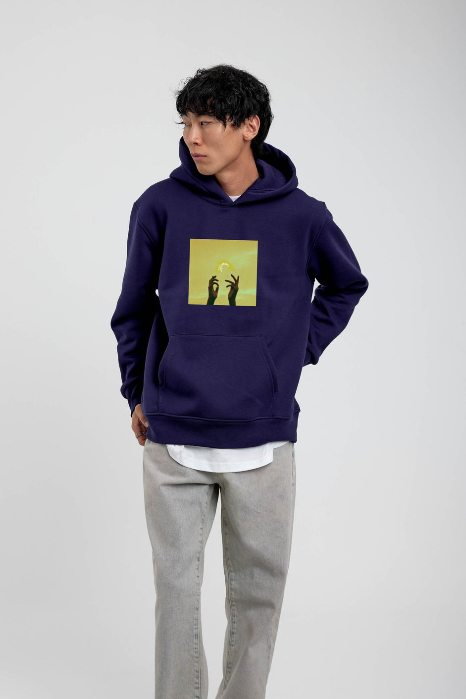 Lacivert El Baskılı Kapüşonlu Sweatshirt