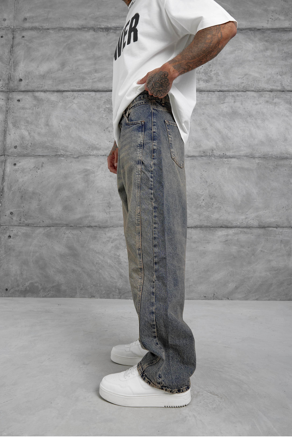 Lacivert Eskitme Ve Taşlamalı Relax Baggy Jean