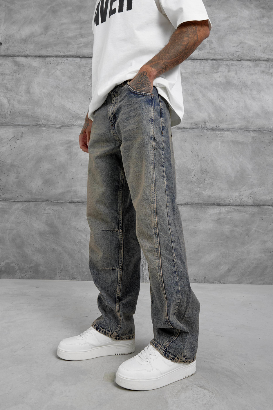 Lacivert Eskitme Ve Taşlamalı Relax Baggy Jean
