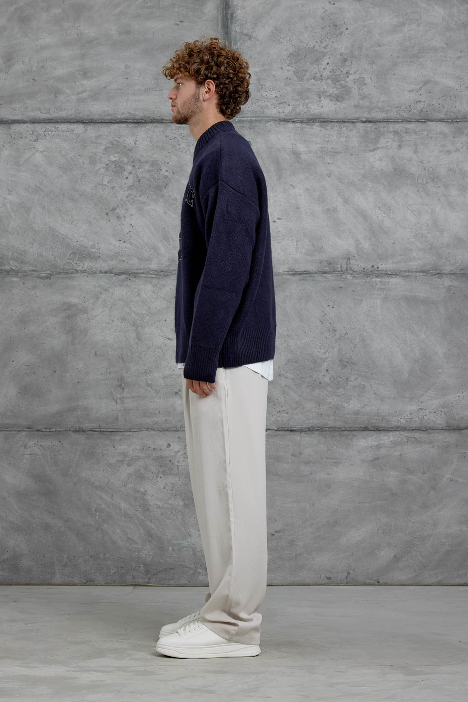 Lacivert Gst Nakış Desenli Oversize Triko
