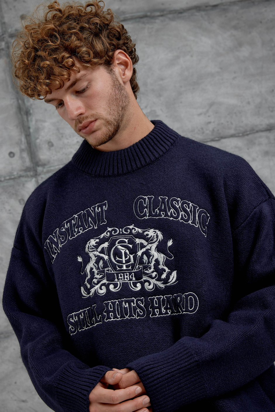 Lacivert Gst Nakış Desenli Oversize Triko