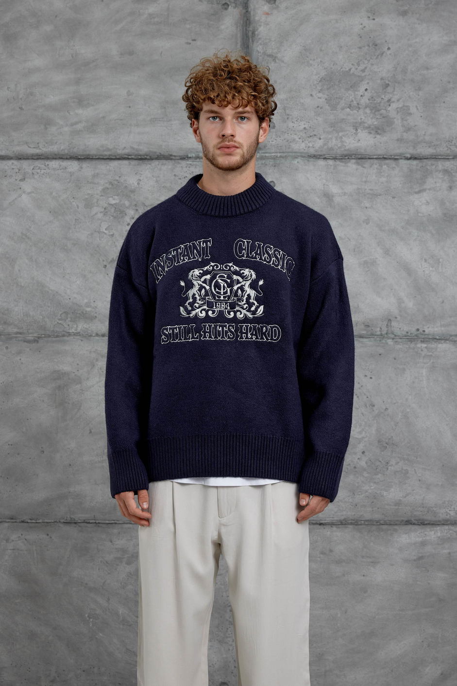 Lacivert Gst Nakış Desenli Oversize Triko