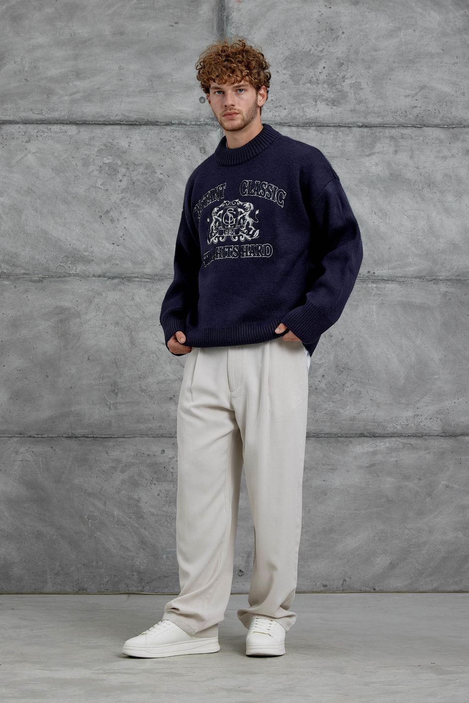 Lacivert Gst Nakış Desenli Oversize Triko