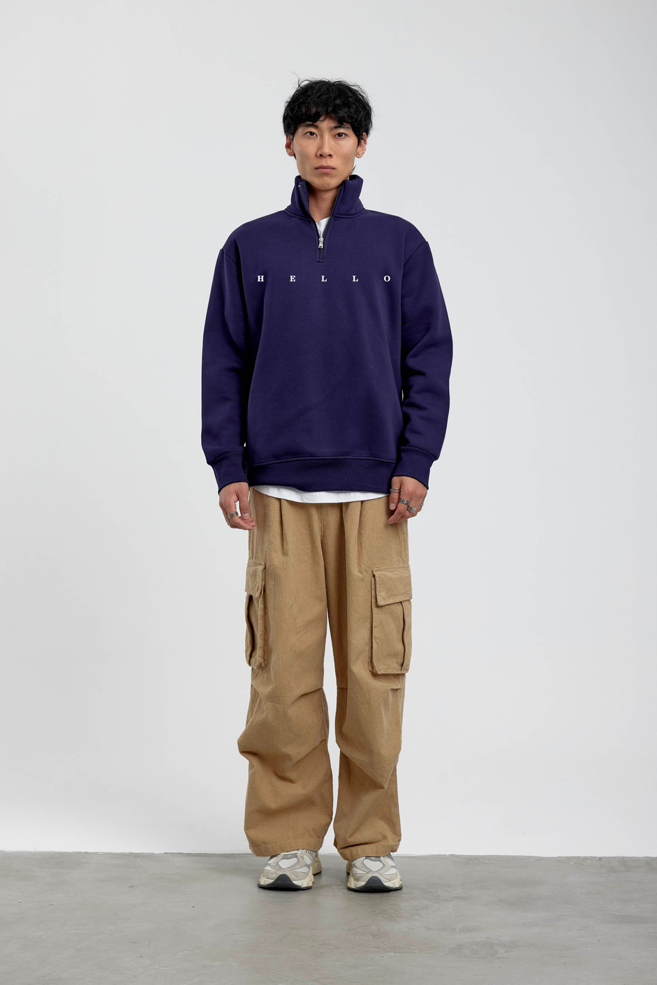 Lacivert Hello Yazılı Yarım Fermuarlı Sweatshirt