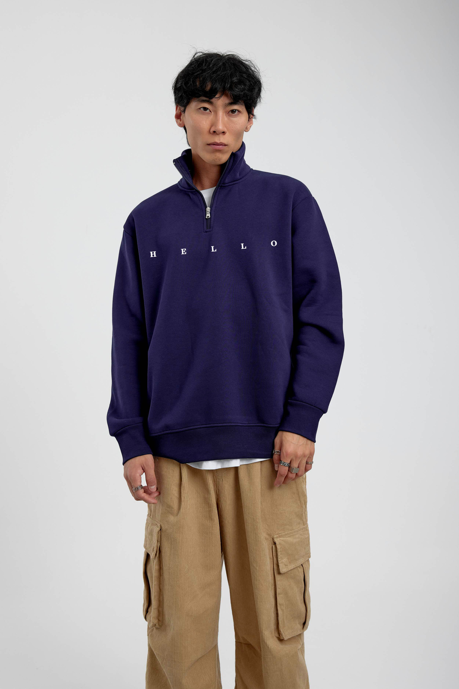 Lacivert Hello Yazılı Yarım Fermuarlı Sweatshirt