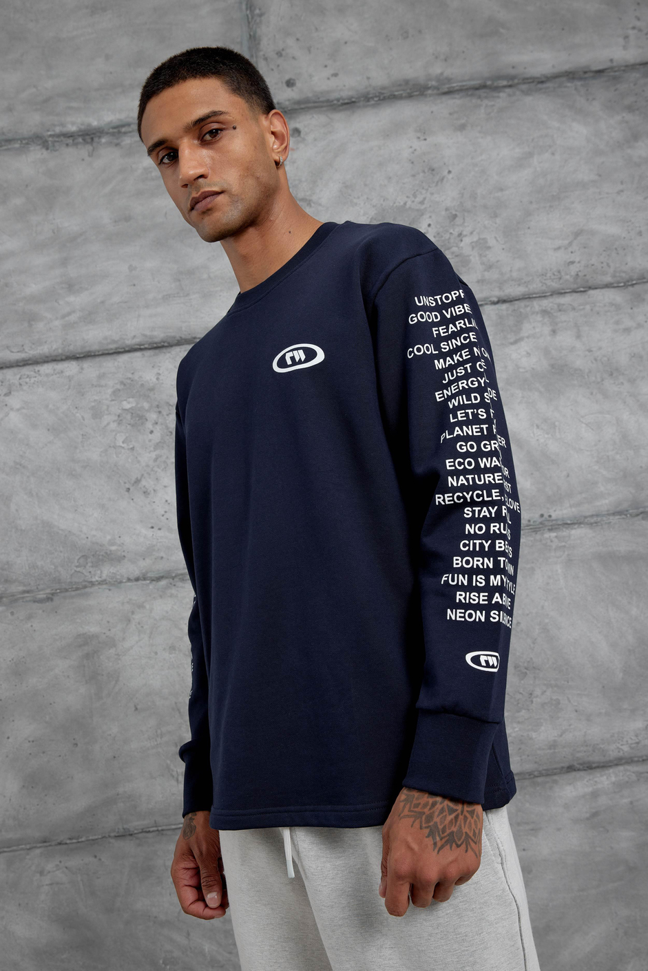 Lacivert Kolda Yazı Detaylı Oversize Sweatshirt