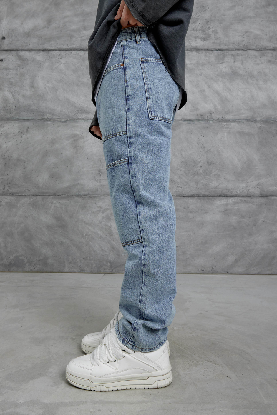 Lacivert Mmx Cep Detaylı Taşlamalı Baggy Jean