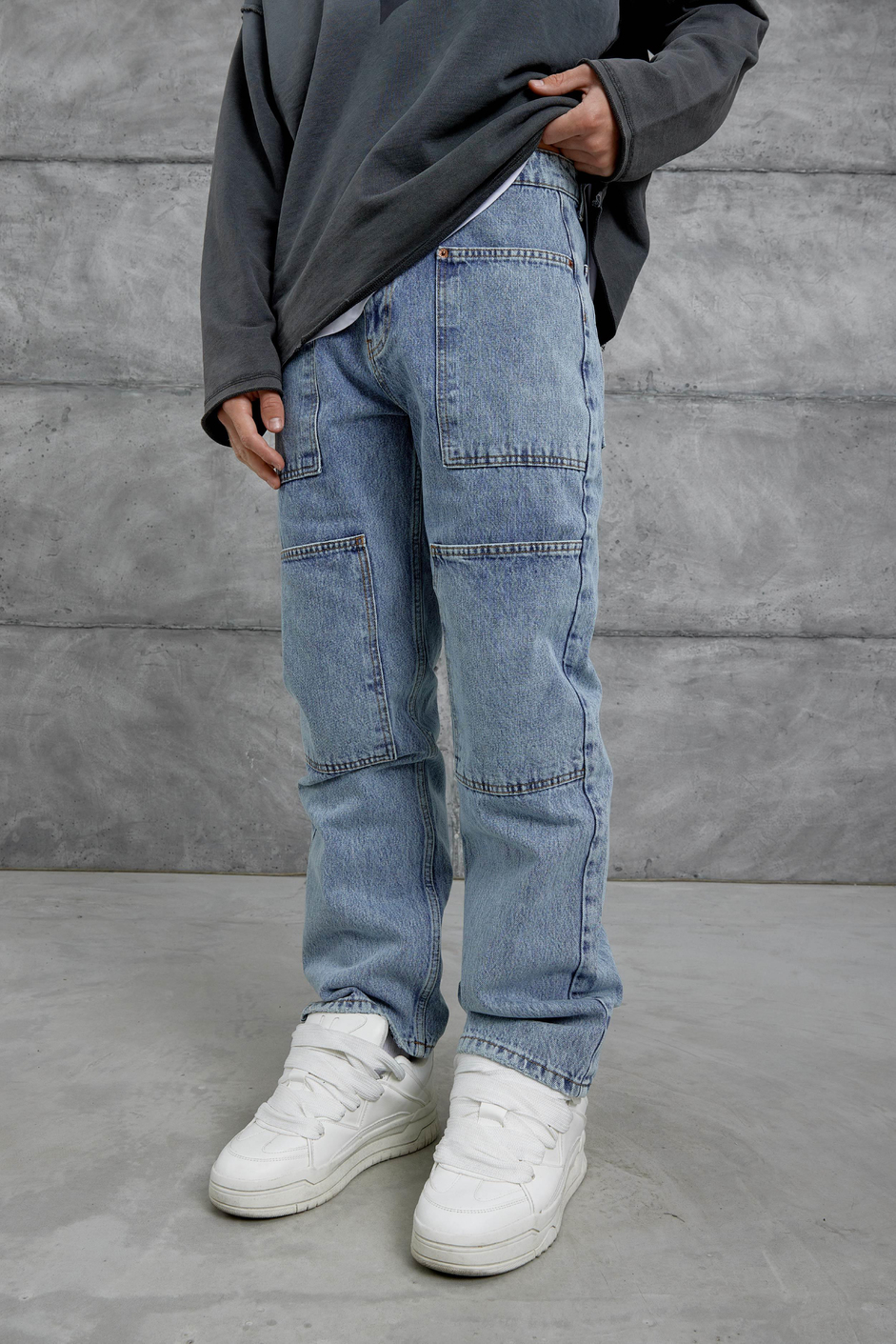 Lacivert Mmx Cep Detaylı Taşlamalı Baggy Jean