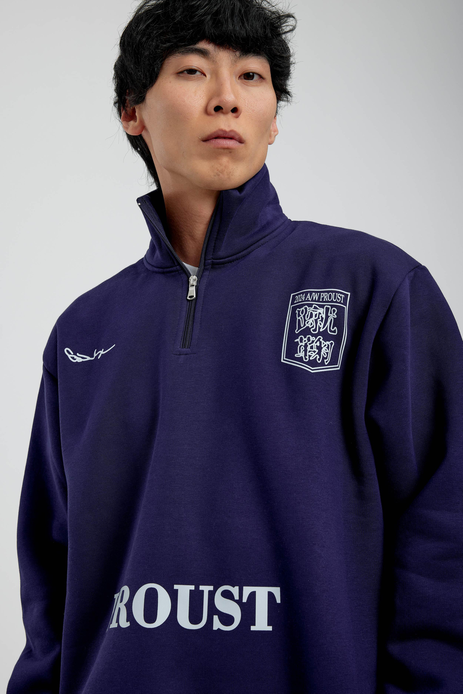 Lacivert Proust Yazılı Yarım Fermuarlı Sweatshirt