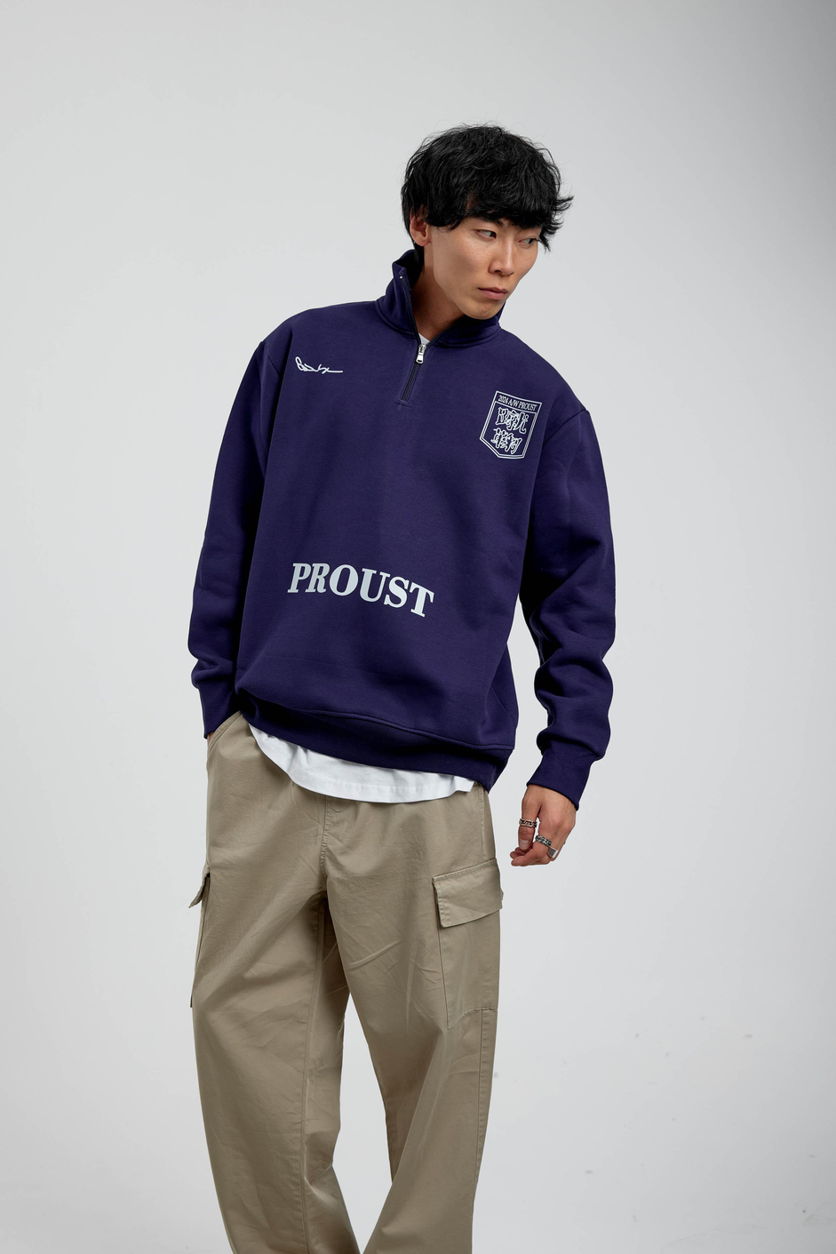 Lacivert Proust Yazılı Yarım Fermuarlı Sweatshirt