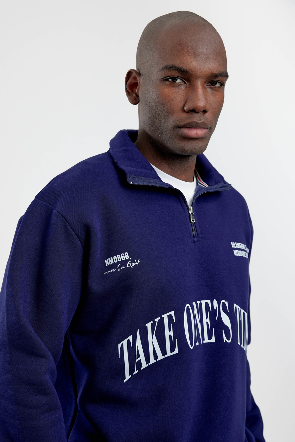 Lacivert Take One's Time Yazılı Yarım Fermuarlı Sweatshirt