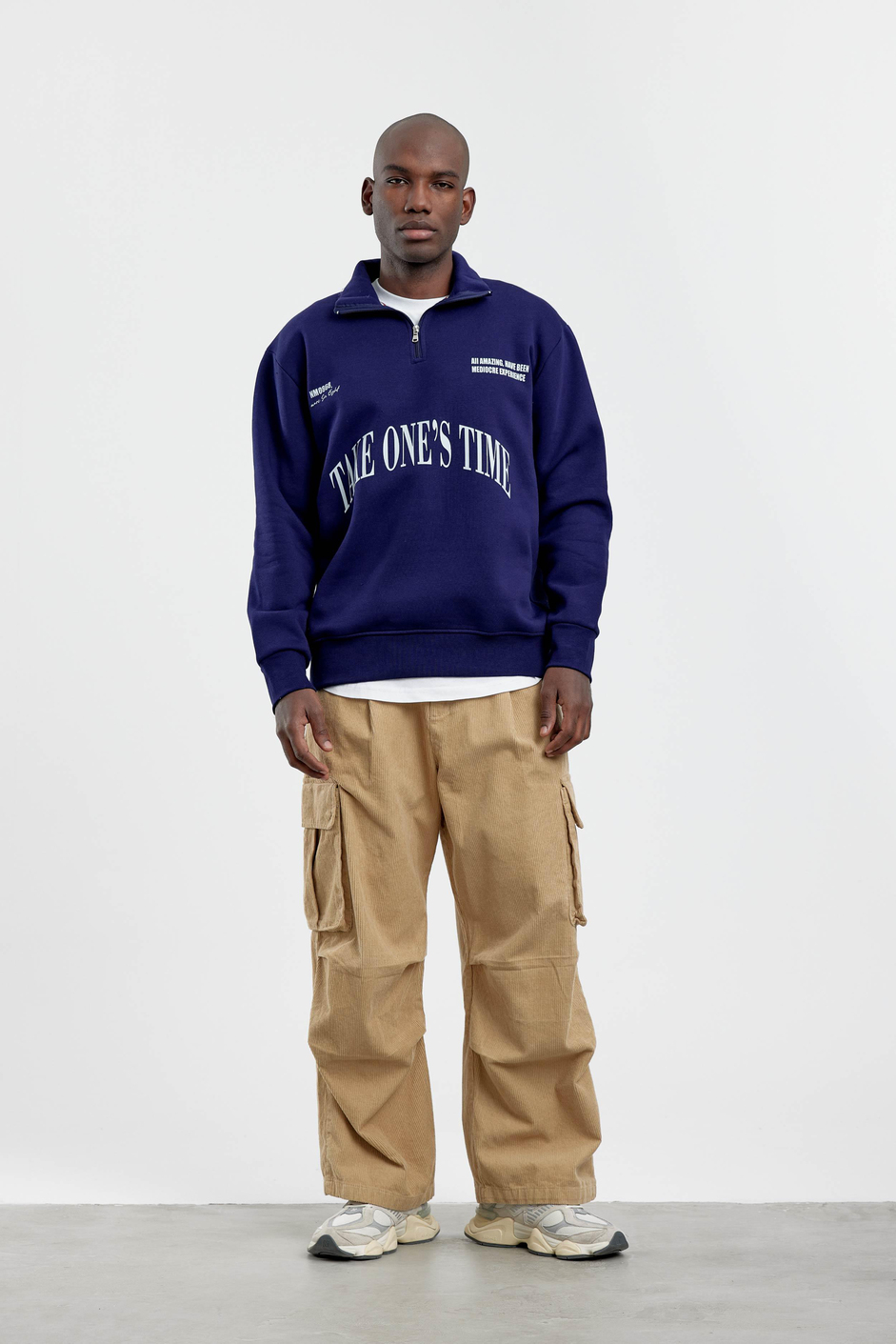 Lacivert Take One's Time Yazılı Yarım Fermuarlı Sweatshirt