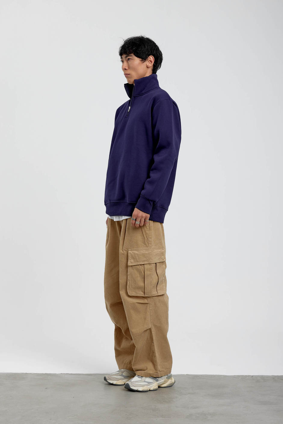Lacivert Yakası Fermuarlı Basic Şardonlu Sweatshirt