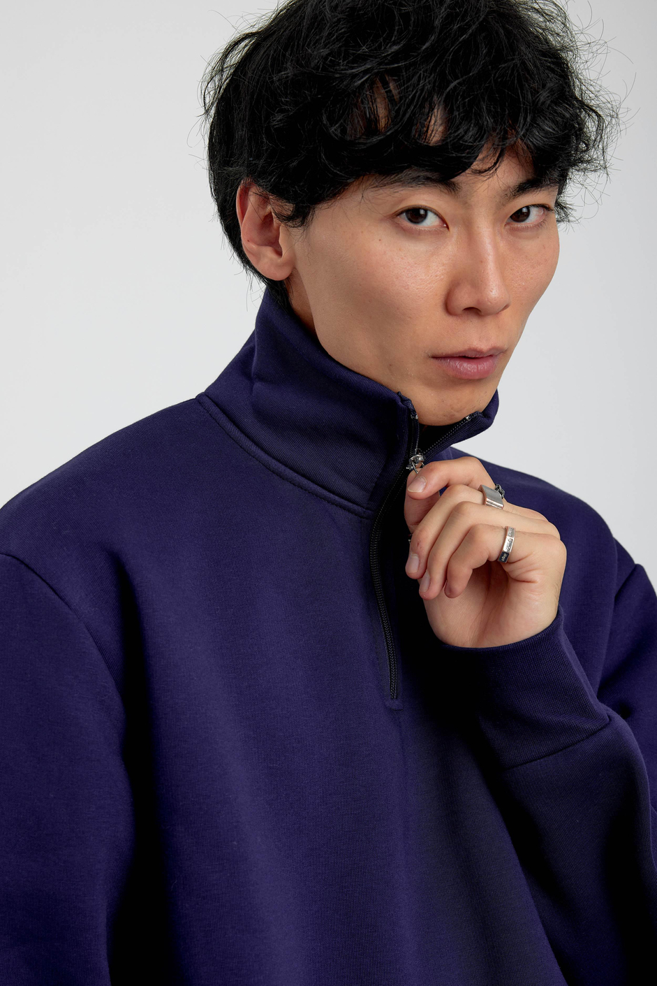Lacivert Yakası Fermuarlı Basic Şardonlu Sweatshirt