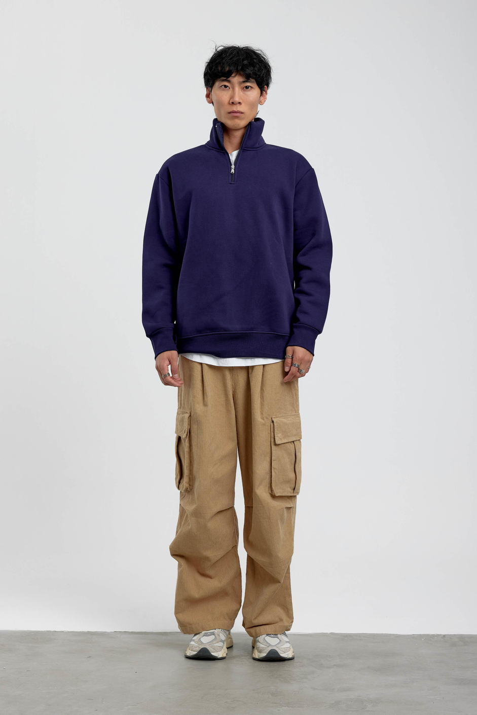 Lacivert Yakası Fermuarlı Basic Şardonlu Sweatshirt