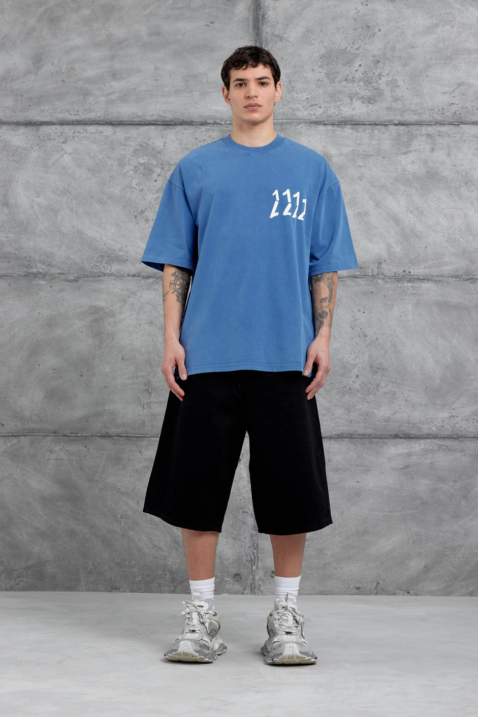 Mavi 1111 Yazılı Yıkamalı Oversize Tshirt