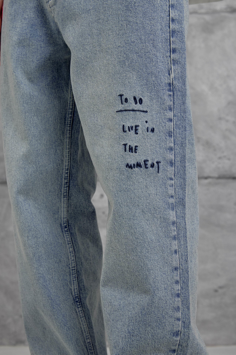 Mavi Cth Nakış Detaylı Taşlamalı Baggy Jean