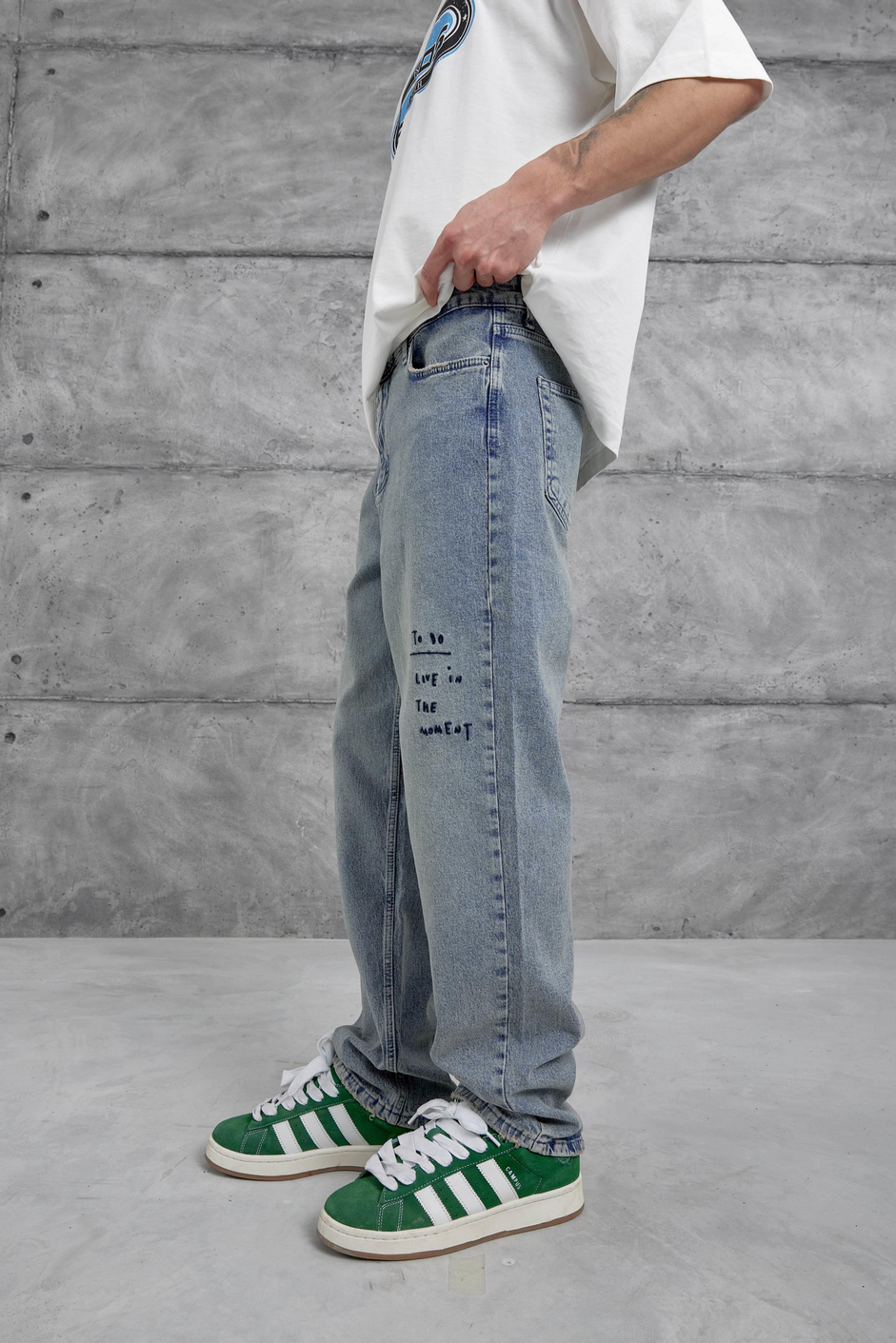 Mavi Cth Nakış Detaylı Taşlamalı Baggy Jean