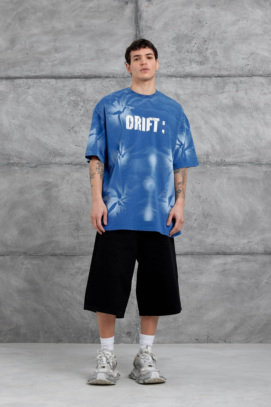 Mavi Drift Yazılı Yıkamalı Oversize Tshirt