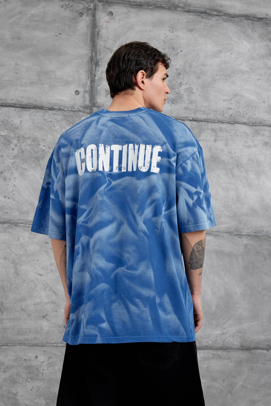 Mavi Drift Yazılı Yıkamalı Oversize Tshirt