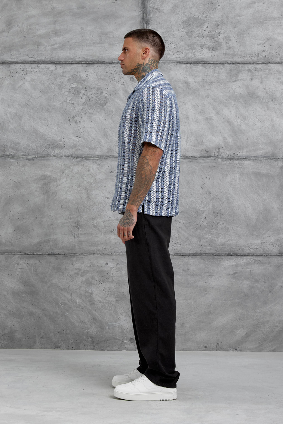 Mavi Ekru Örme Oversize Gömlek